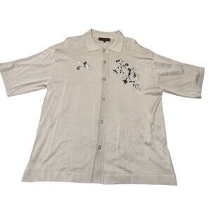 Creme de Silk Shirt 2XL Button Up, Short Sleeve, Silk Blend Gray Floral Scroll